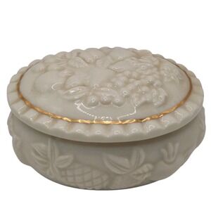 Vintage Lenox Cream Trinket Box Porcelain Fruit Pattern Gold Trim with Lid 1998‎